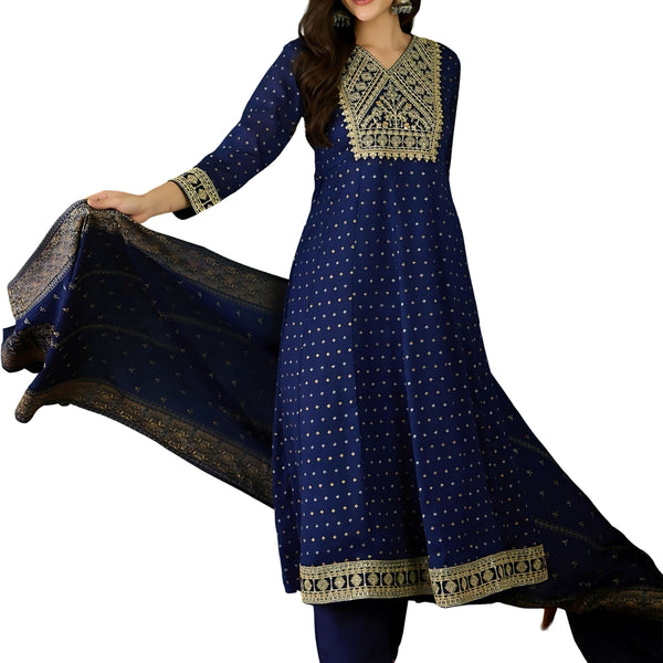 The52 Blue Women's Gorgeous Embroidered Work Vichitra Silk Fabric Flared Kurta Pant and Dupatta Set - Distacart