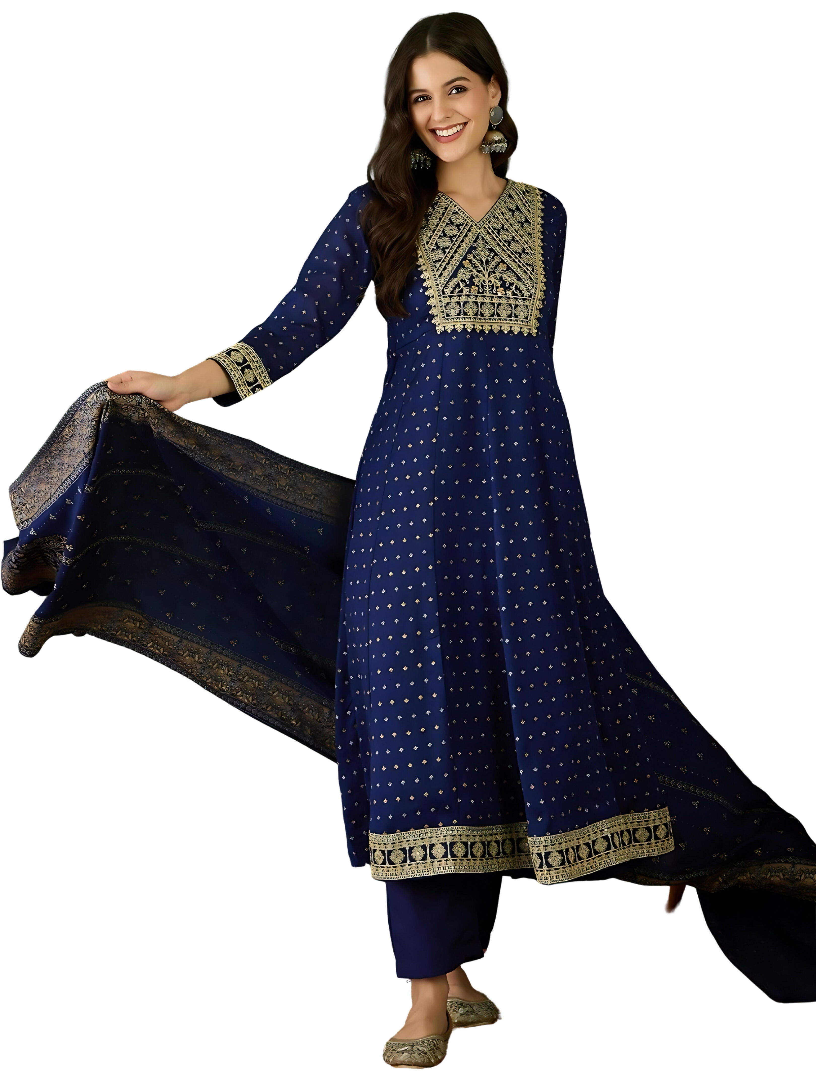 The52 Blue Women's Gorgeous Embroidered Work Vichitra Silk Fabric Flared Kurta Pant and Dupatta Set