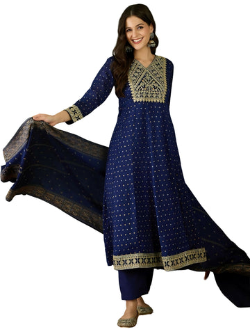 The52 Blue Women's Gorgeous Embroidered Work Vichitra Silk Fabric Flared Kurta Pant and Dupatta Set - Distacart