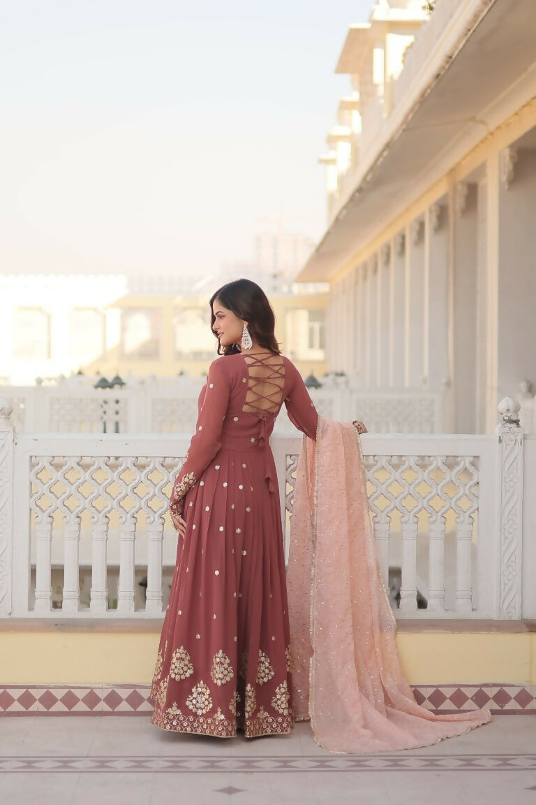 Jyoti Fashion Women's Brown Faux Georgette Sequins Thread Embroidery Anarkali Dress with Dupatta - Distacart