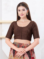Thumbnail for Joban Fashion Brown Dupion Silk Elbow Sleeveless Front Open Blouse