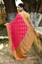 Thumbnail for Joban Fashion Bright Pink Crepe Chiffon Pure Handloom Banarasi Silk Saree