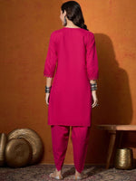 Thumbnail for Anouk Pink Floral Embroidered V-Neck Mirror Work Pure Cotton Straight Kurta & Dhoti Pant - Distacart