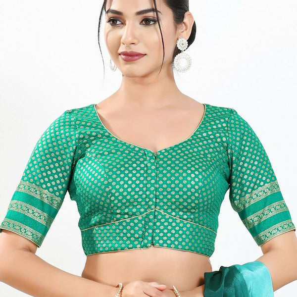 Joban Fashion Rama Green Brocade Padded Blouse With Round Neck Elbow Sleeves - Distacart