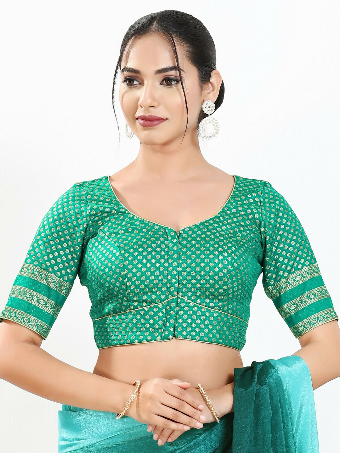 Joban Fashion Rama Green Brocade Padded Blouse With Round Neck Elbow Sleeves - Distacart