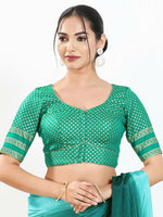Thumbnail for Joban Fashion Rama Green Brocade Padded Blouse With Round Neck Elbow Sleeves - Distacart