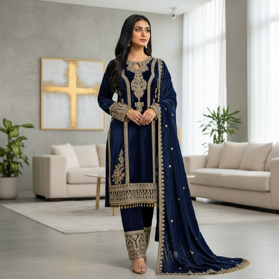 Joban Fashion Blue Kurta Set Velvet Embroidery Sequence Work - Distacart