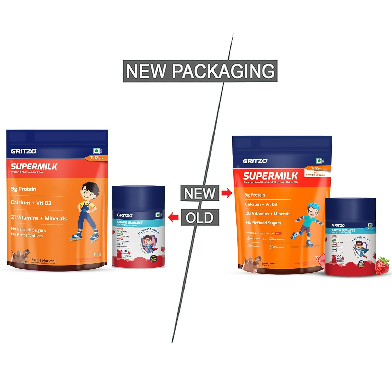 Gritzo SuperMilk Overall Growth (7-12y Boys) - Double Chocolate, with Super Gummies - Strawberry - Distacart