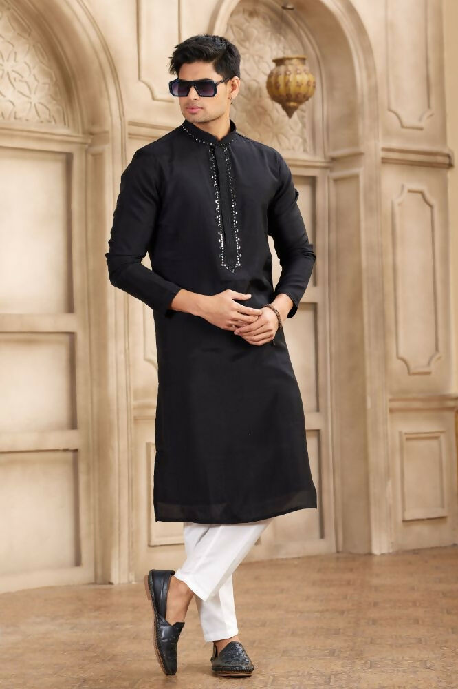 Raivat Ethnic Banarasi Art Silk Mirror Work Kurta Pajama In Black Colour