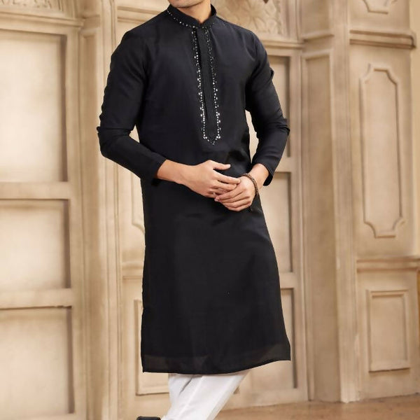 Raivat Ethnic Banarasi Art Silk Mirror Work Kurta Pajama In Black Colour
