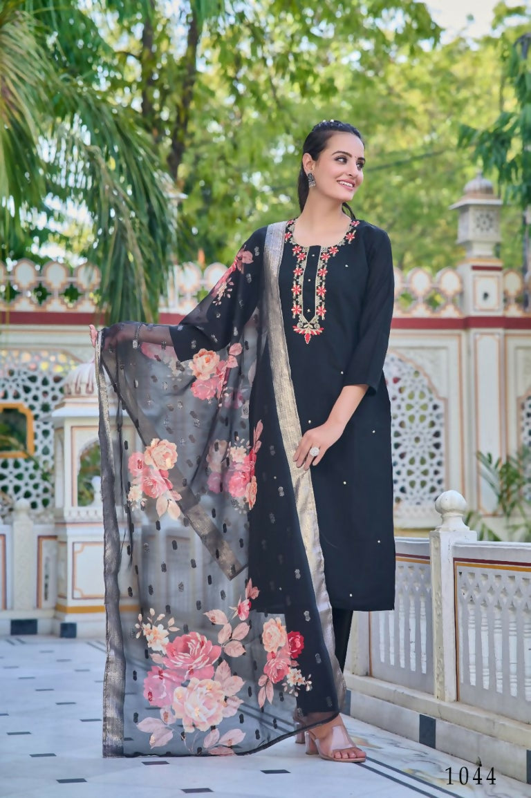 Partywear Designer Chanderi Black Stitched Suit With Dupatta - Tanisha - Distacart