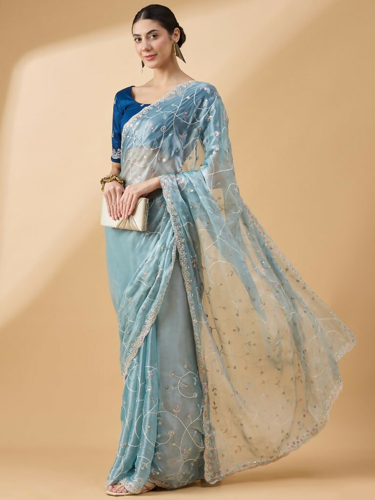 Blue Organza Sequence Embroidered Saree with Unstitched Blouse - Satya - Distacart