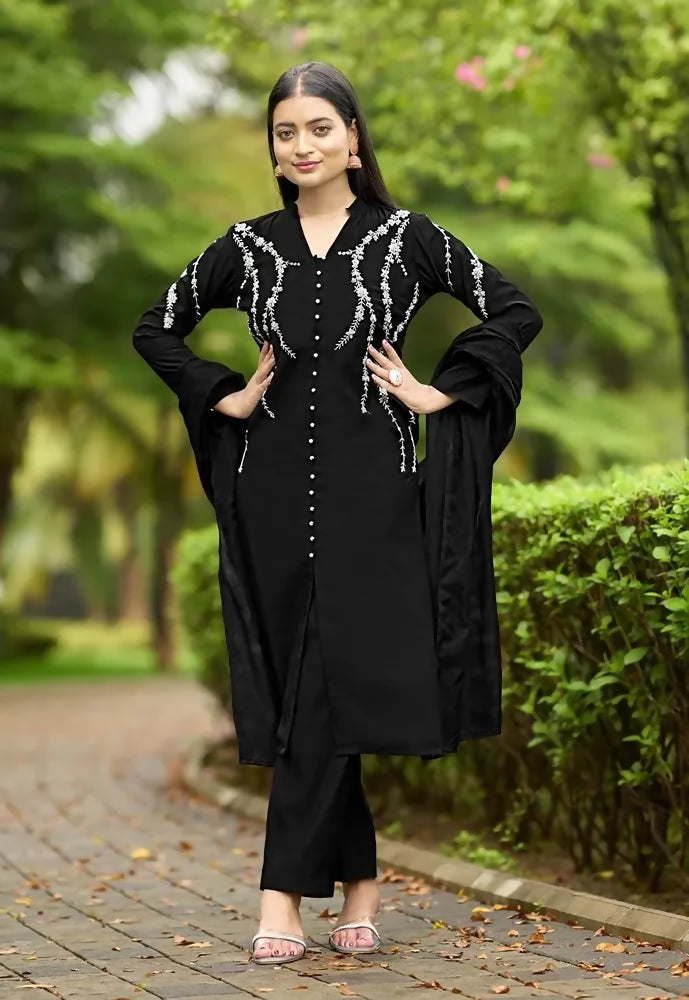 Nikhaar Black Embroidered Art Silk Straight Cut Readymade Pakistani Suit