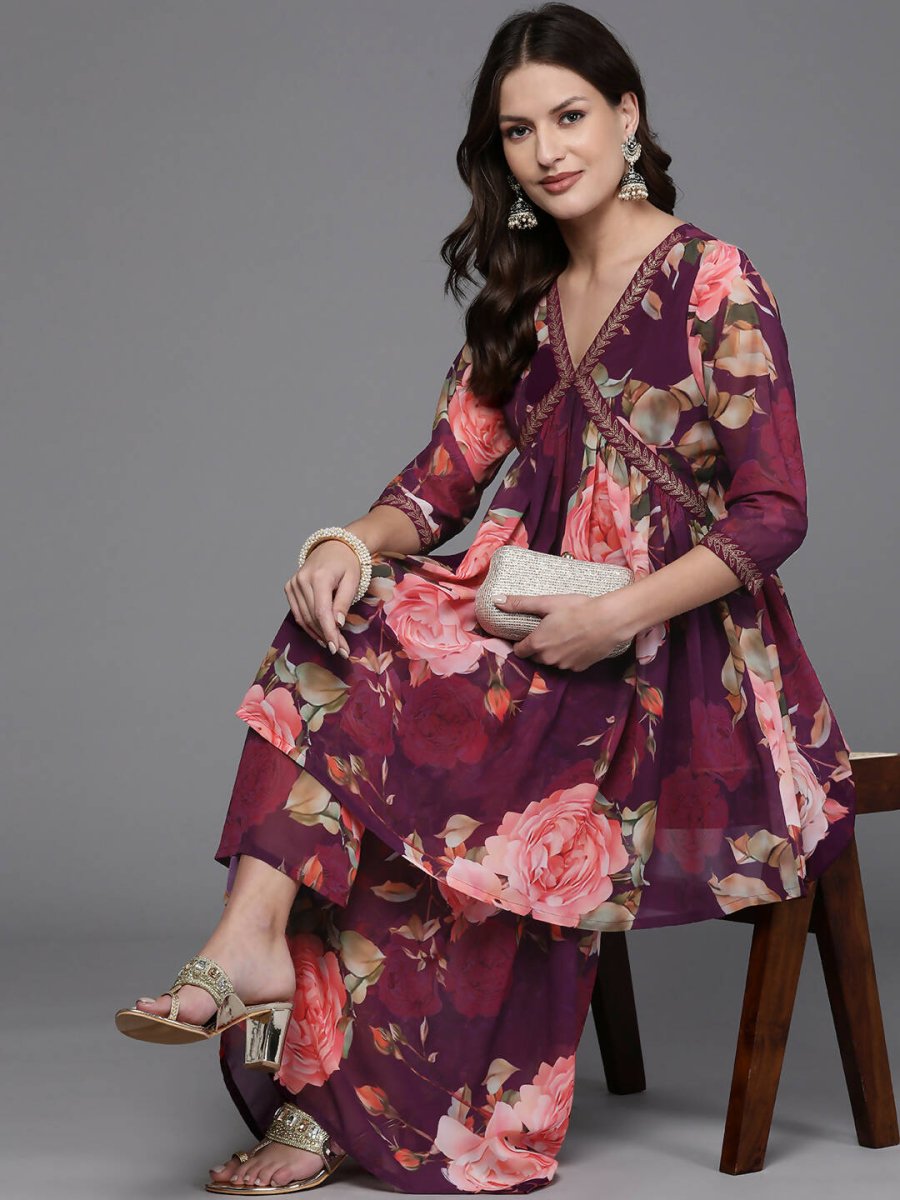 Ahalyaa Women Floral Printed Tunic with Sharara - Black Color - Distacart