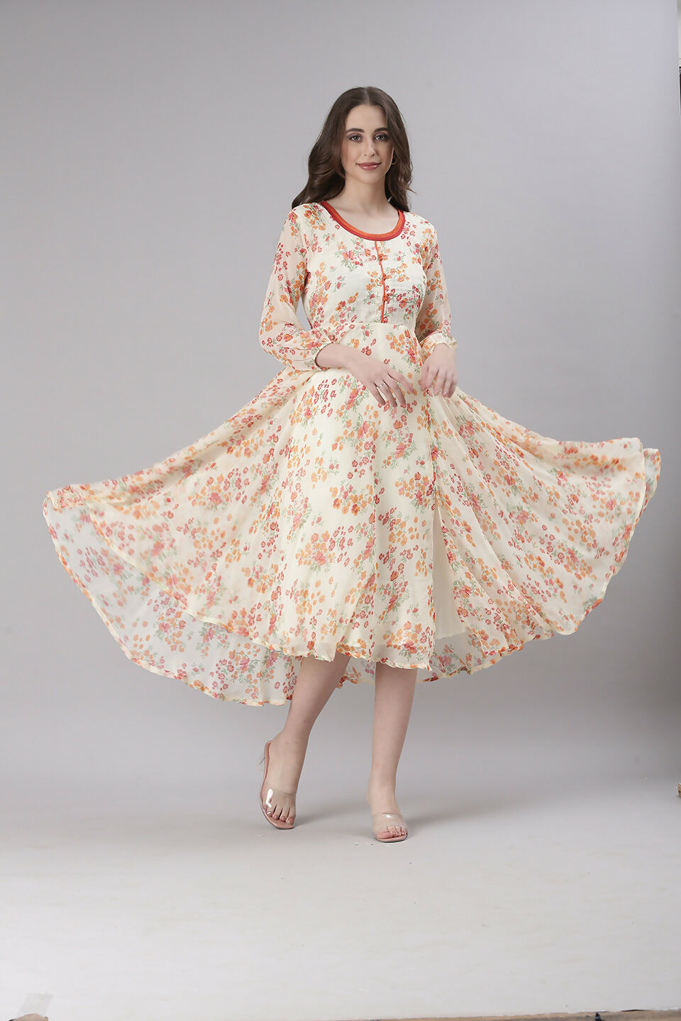 Souchii Cream Floral Printed Fit & Flare Dress