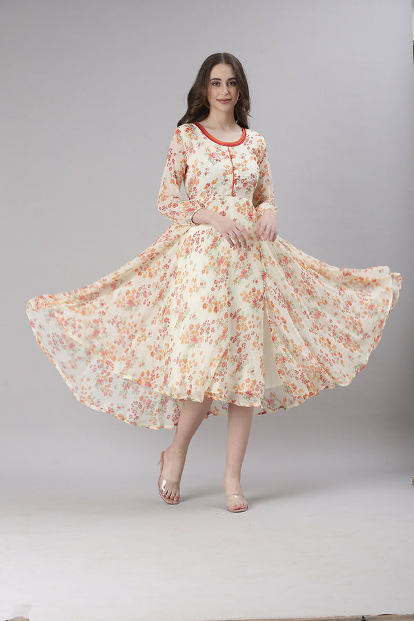 Souchii Cream Floral Printed Fit & Flare Dress
