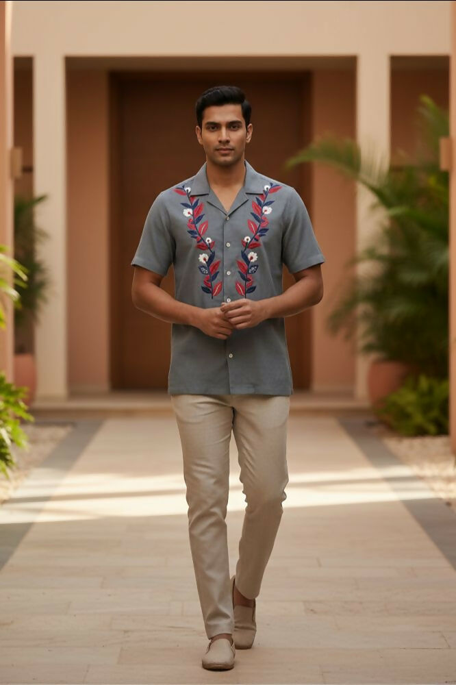 Sunduo — Grey Dual Floral Embroidered Cotton Shirt by Hilo Design - Dista