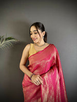 Thumbnail for Joban Fashion Rani Pink Paisley & Floral Soft Satin Silk Banarasi Silk Saree - Distacart