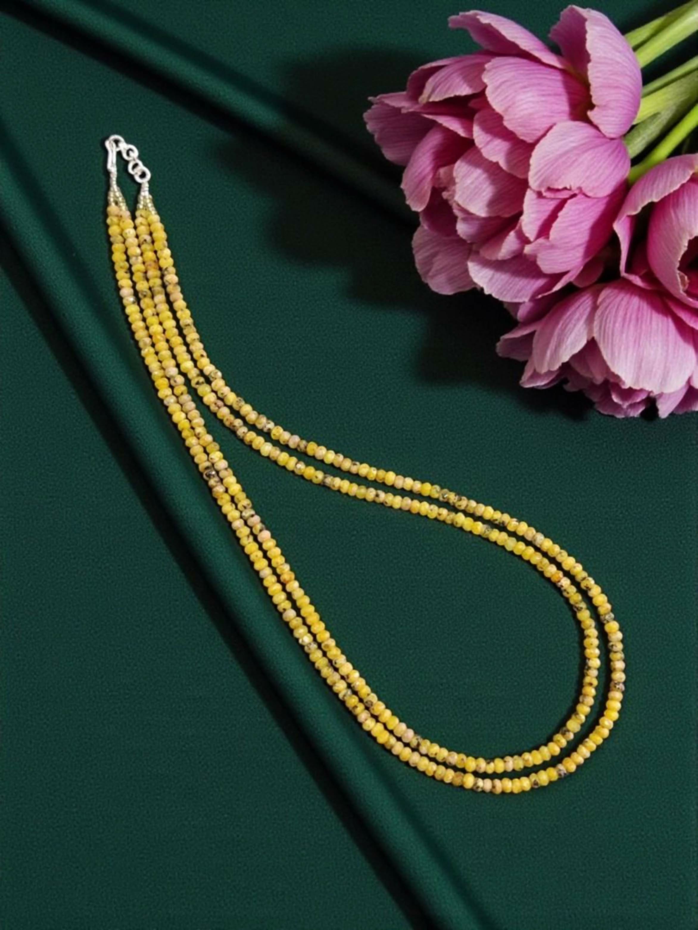 Joban Fashion Women Yellow 2 Layer Agate Necklace, Silver Finish