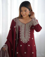 Thumbnail for Joban Fashion Maroon Kurta Set Silk Sequins , Zari, Coding & Thread Embroidered work - Distacart