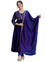 Thumbnail for The52 Blue Women's Beautiful Embroidered Vichitra Silk Fabric with Flared Kurta, Pant and Dupatta Set - Distacart