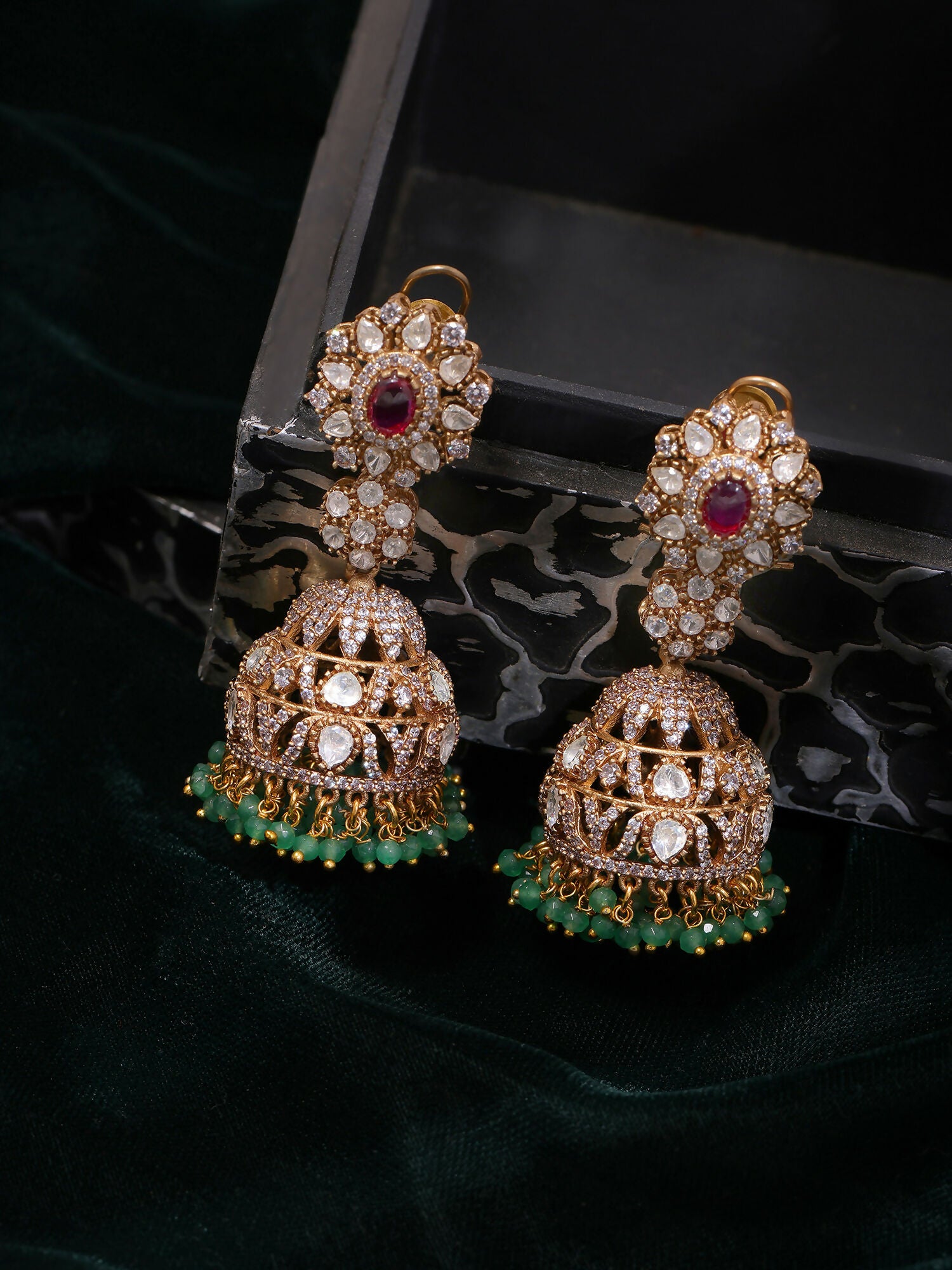 Ruby Raang Gold Polished Kundan Work Multi-Color Diamond And Stone Jhumka Earrings