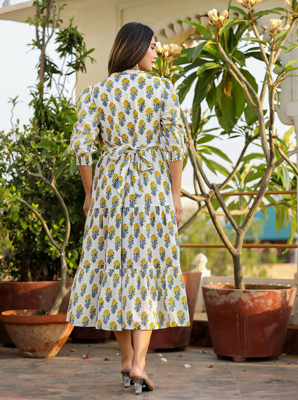Kaajh Women's White-Yellow Ethnic Floral Hand Block Print Cotton Dress - Distacart