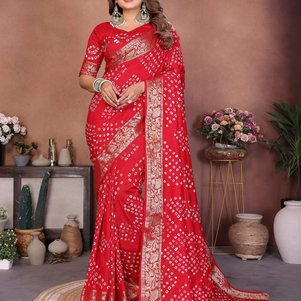 Aastha Fashion Red Pure Dola Silk Handmade Original Bandhej Saree - Distacart