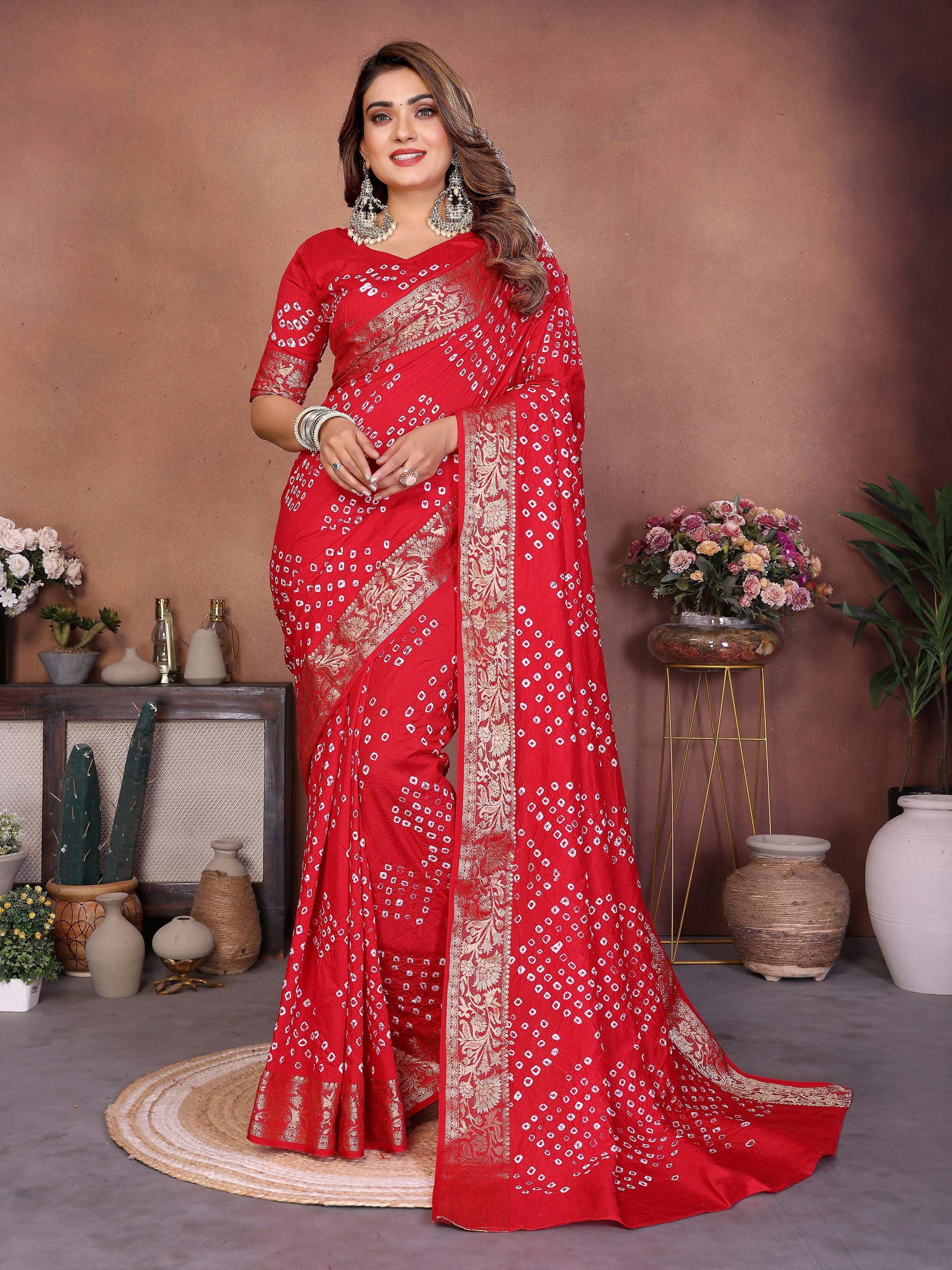 Aastha Fashion Red Pure Dola Silk Handmade Original Bandhej Saree - Distacart