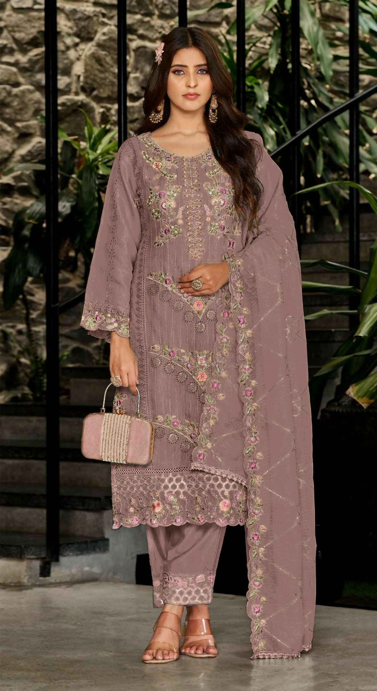 Anaita Peach Fox Georgette Stitched Suit with Embroidery Sequins & Khatli Work - Distacart