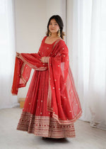 Thumbnail for The52 Women's Beautiful Embroidery Work Crunchy Silk Fabric Flared Anarkali and Dupatta Set - Distacart