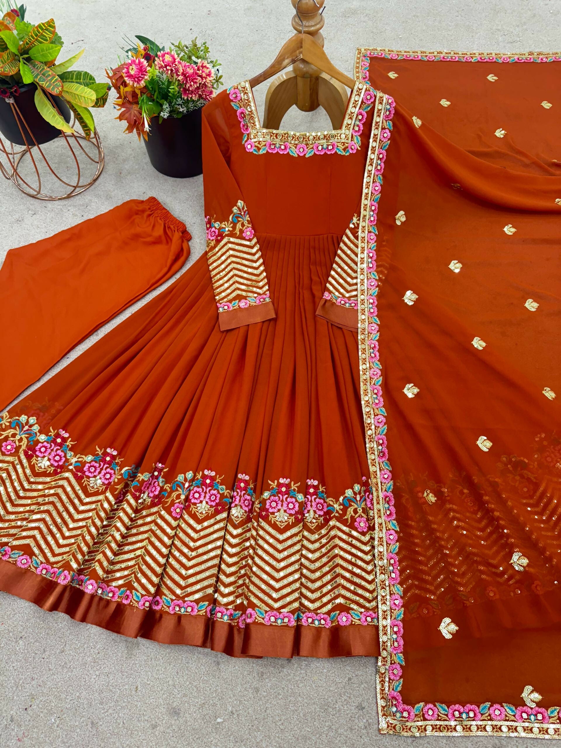Prazu Fashion Orange Georgette Embroidered Sequence Anarkali Suit