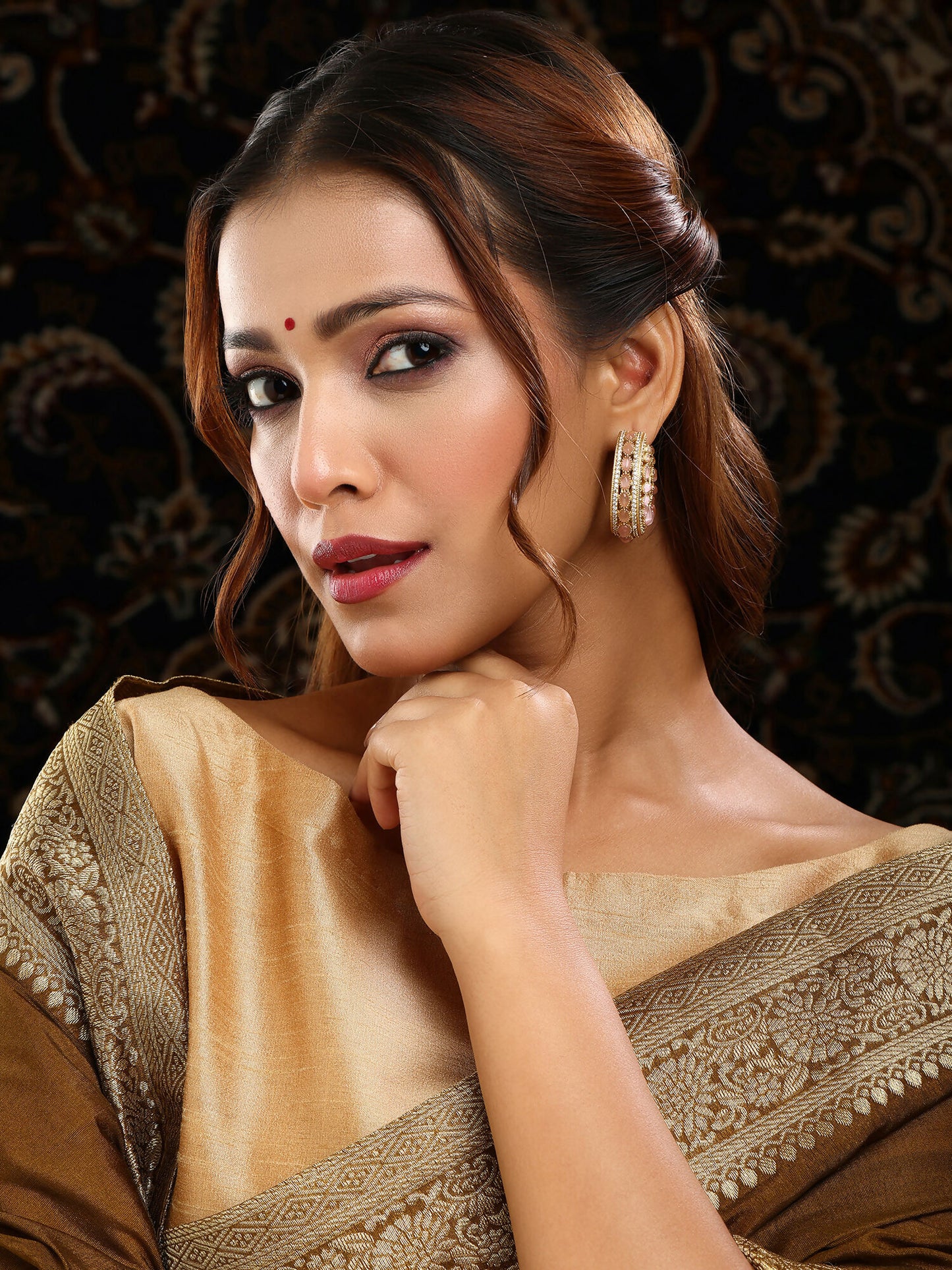 Ruby Raang Gold Polished Peach Round Kundan Loops - Dista