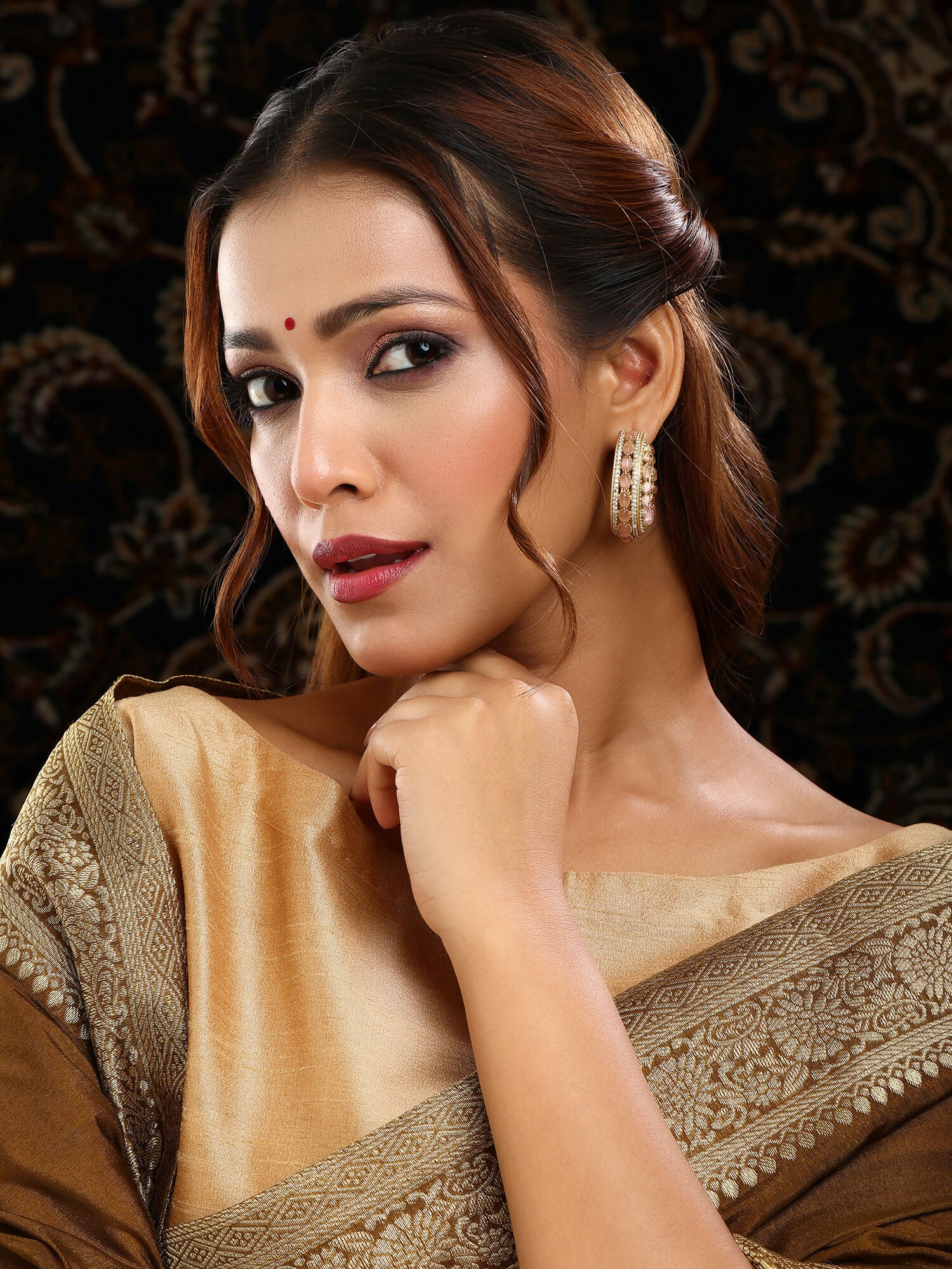 Ruby Raang Gold Polished Peach Round Kundan Loops - Dista
