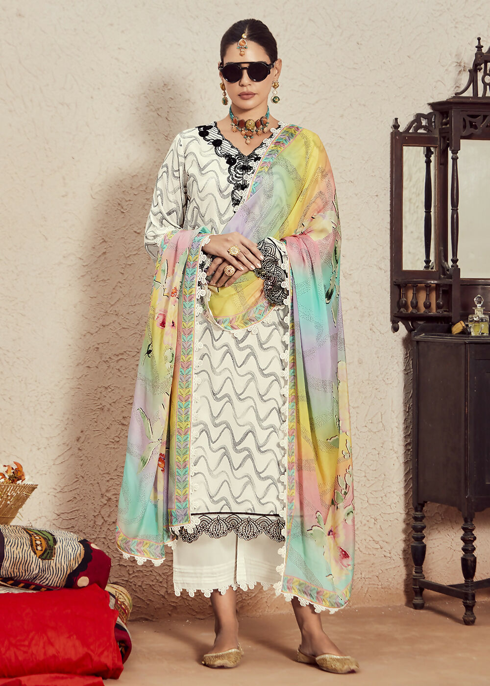 Muslin Cotton Off White Digital Print & Embroidered Salwar Suit - Emponline - Distacart