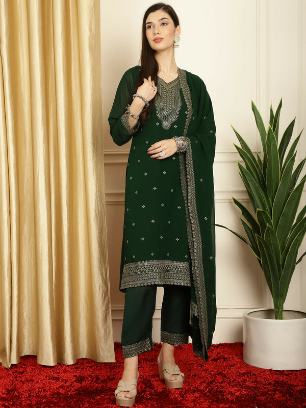 Jyoti Fashion Women's Green Georgette Resham Thread & Sequin Kurta with Trouser & Dupatta - Distacart