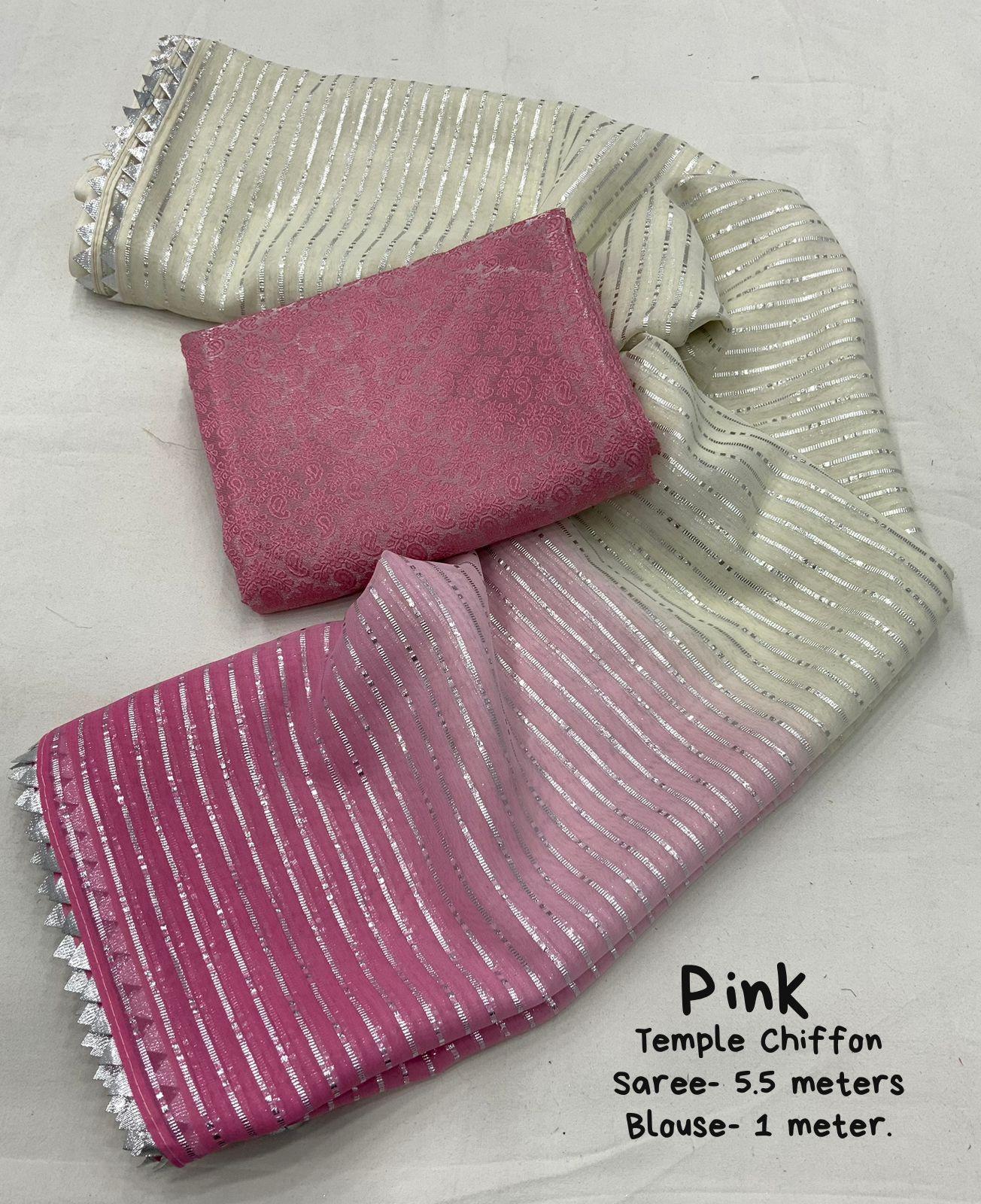 Pink Poly Chiffon Striped Saree with Unstitched Blouse - Hiral Fashion - Distacart