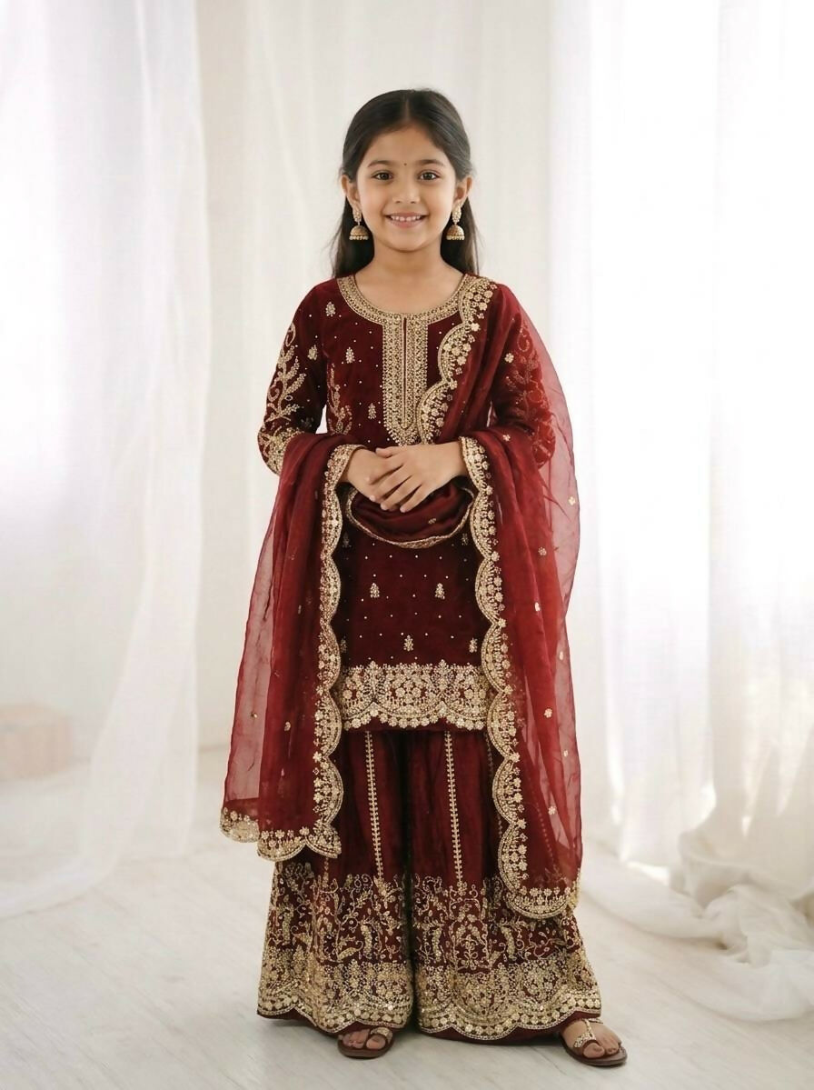 Teeya Creation New Trendy Fully Stitched Ready to Wear Kids Kurta Palazzo Set-Maroon - Dista