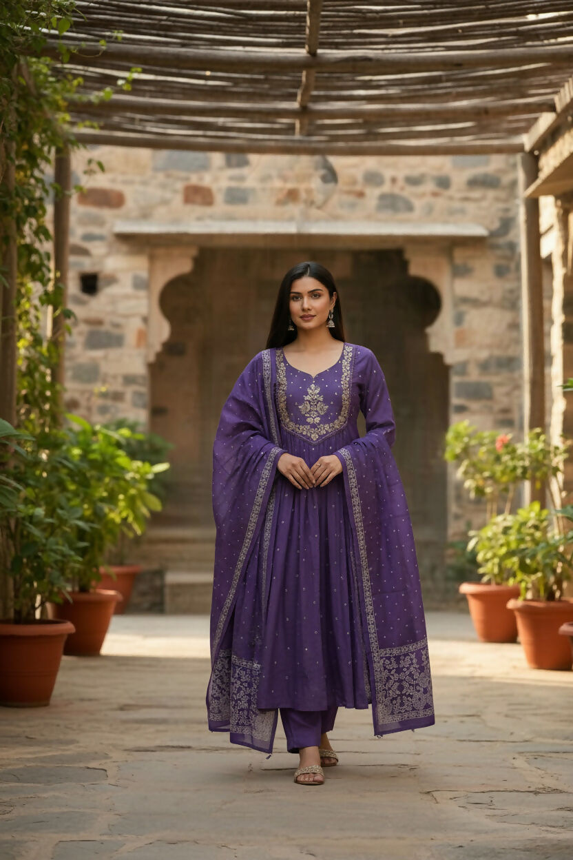 The52 Women's Beautiful Cotton Fabric Embroidery Work Flared Anarkali Pant and Dupatta Set - Distacart