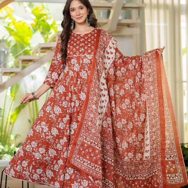 Jaimini Women Cotton Printed Round Neck 3/4 Sleeves Calf Length Flared Kurta Pant And Dupatta Set - Dista