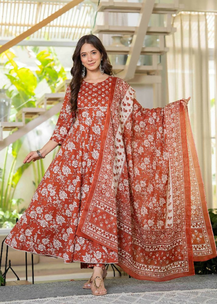 Jaimini Women Cotton Printed Round Neck 3/4 Sleeves Calf Length Flared Kurta Pant And Dupatta Set - Dista