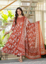 Thumbnail for Jaimini Women Cotton Printed Round Neck 3/4 Sleeves Calf Length Flared Kurta Pant And Dupatta Set - Dista