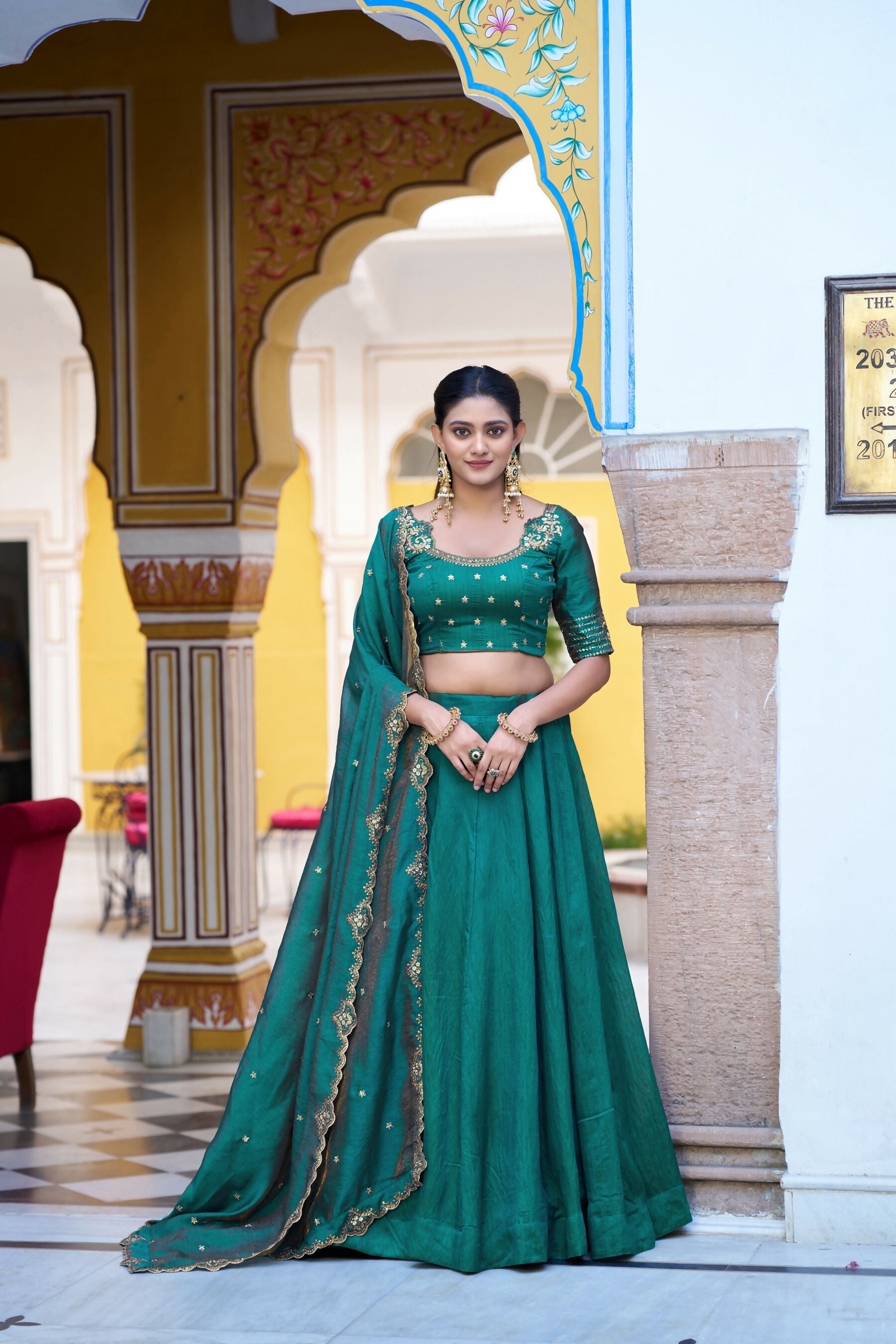 Lorenvalley Fashion Teal NC Silk Plain Lehenga Embroidery Work Choli with Dupatta - Dista