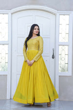 Thumbnail for Jyoti Fashion Women's Yellow Sequence Zari Embroidered Faux Blooming Anarkali Dress - Distacart