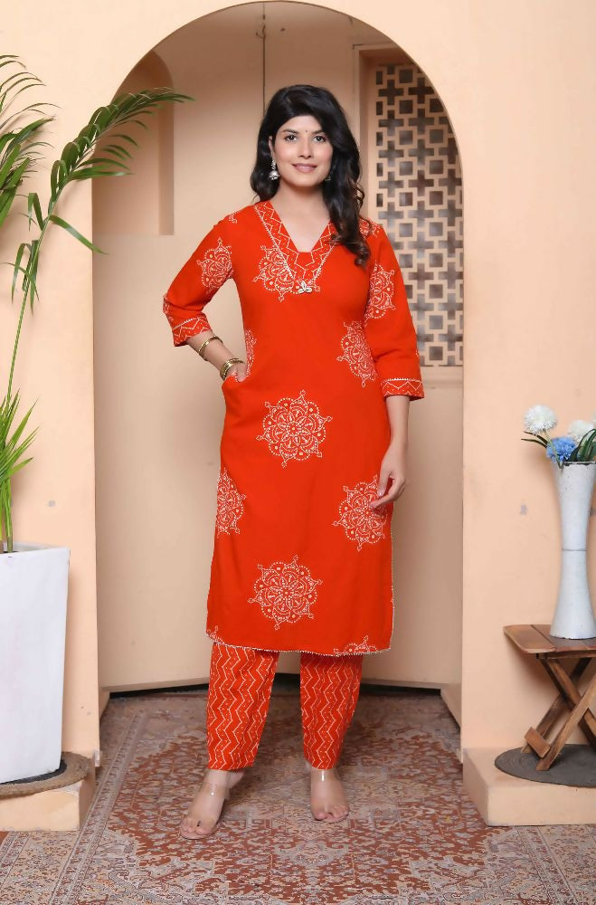 Miravan Womens Orange Floral Print Straight Kurta With Palazzo