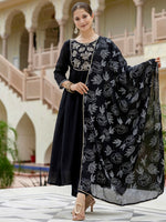Thumbnail for The52 Black Women's Beautiful Embroidered work Chinon Fabric with Flared Kurta, Pant and Dupatta Set - Distacart