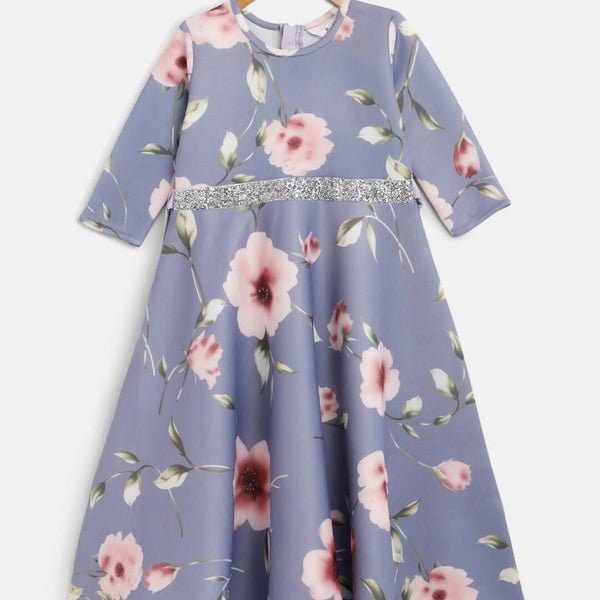 Ahalyaa Light Blue Digital Print Floral Kids Dress For Girls - Distacart