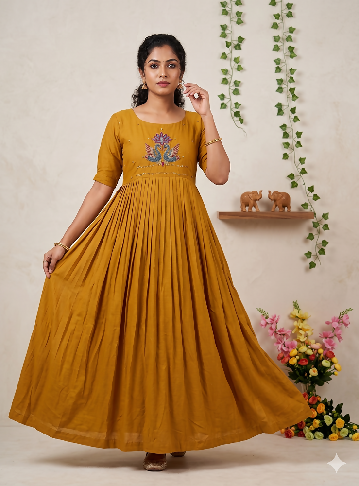 Teeya Creation Women's New Trendy Mustard Pleated Maxi Dress with Intricate Peacock Beadwork - Dista