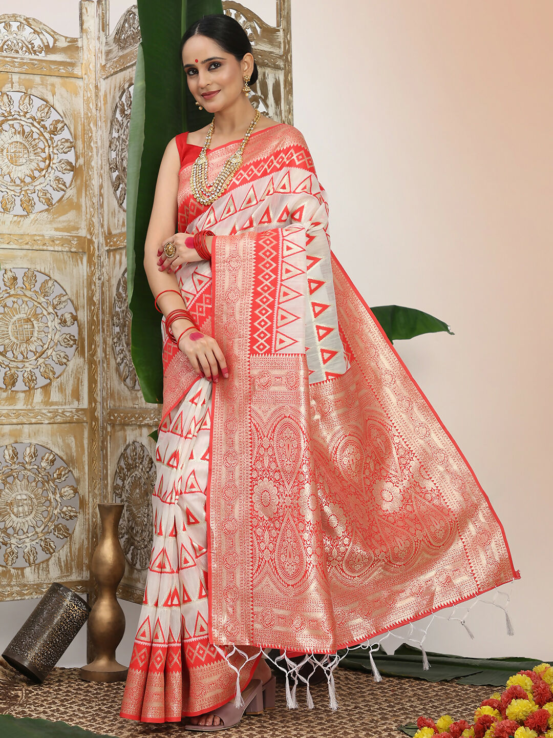 Astita Linen Cotton Red & White Saree