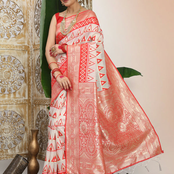 Astita Linen Cotton Red & White Saree